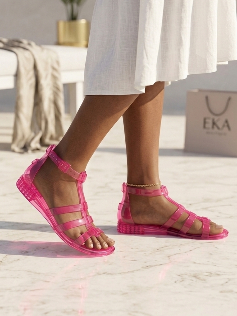 Transparent Pink Jelly Gladiator Sandals with Ankle Strap
